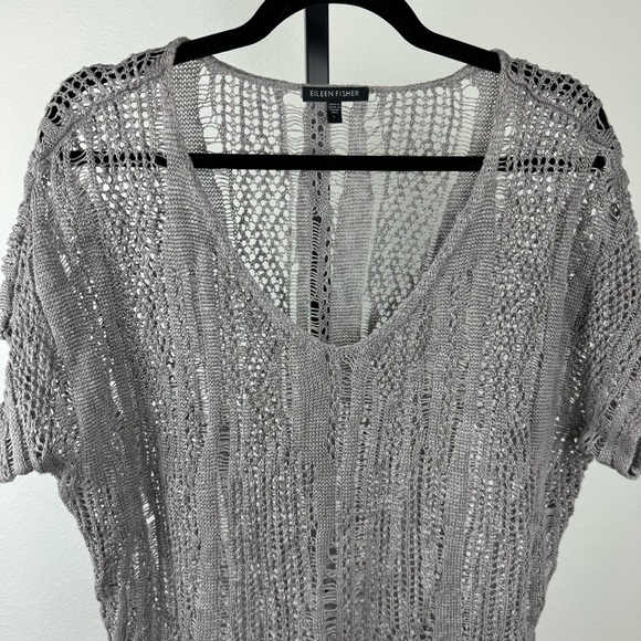 Eileen Fisher Crochet Linen Blend Short Sleeve Grey Popover Top, Sz L - Picture 2 of 8